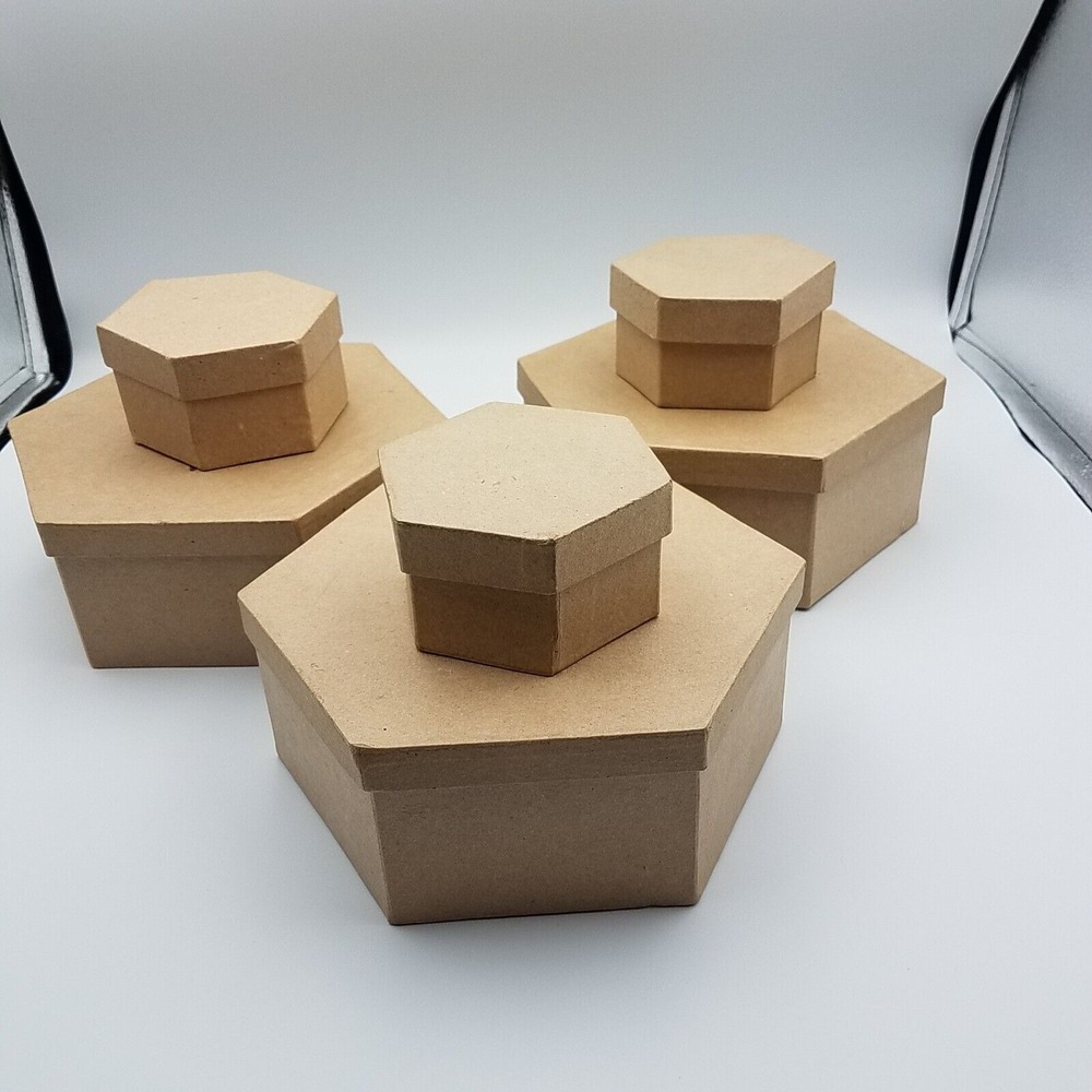 Set 6 Hexagon Paper Mache Craft Storage Boxes with Lids 7"‎ 3.5"
